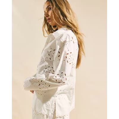 White Poplin Long Sleeve Broderie Shirt