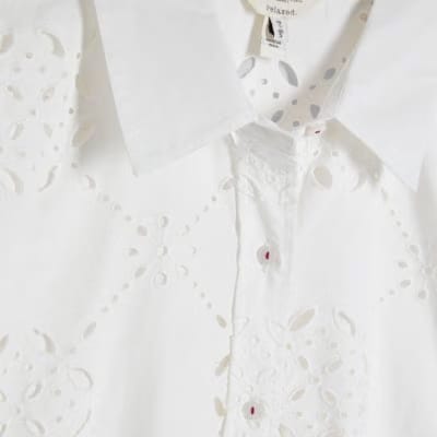 White Poplin Long Sleeve Broderie Shirt