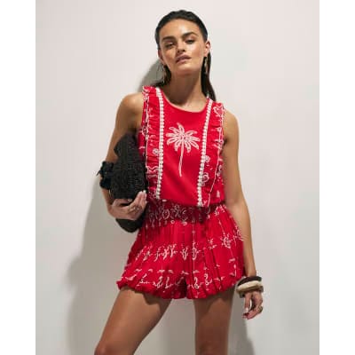 Red Tropical Print Embroidered Playsuit