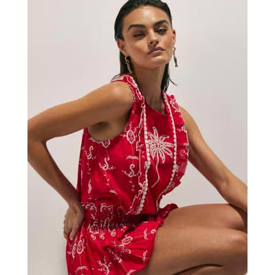 Red Tropical Print Embroidered Playsuit