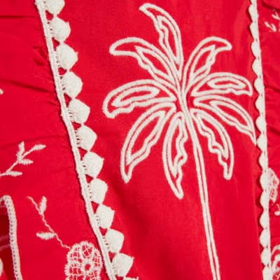 Red Tropical Print Embroidered Playsuit