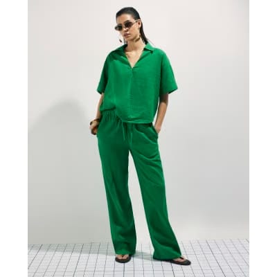 Green Linen Blend Drawstring Tapered Trousers