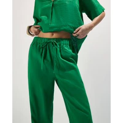Green Linen Blend Drawstring Tapered Trousers
