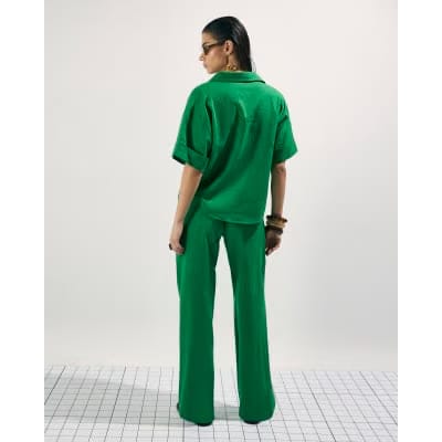Green Linen Blend Drawstring Tapered Trousers