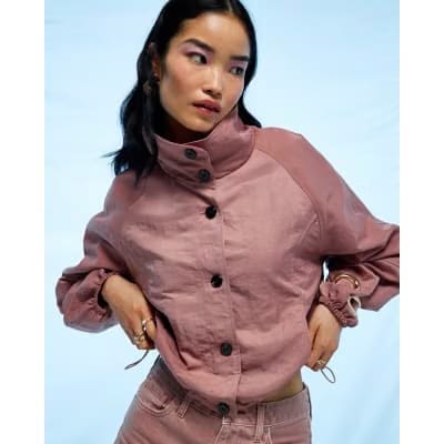 Pink Funnel Neck Drawstring Hem Bomber Jacket