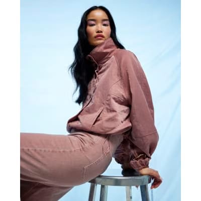 Pink Funnel Neck Drawstring Hem Bomber Jacket