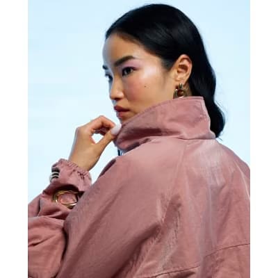 Pink Funnel Neck Drawstring Hem Bomber Jacket