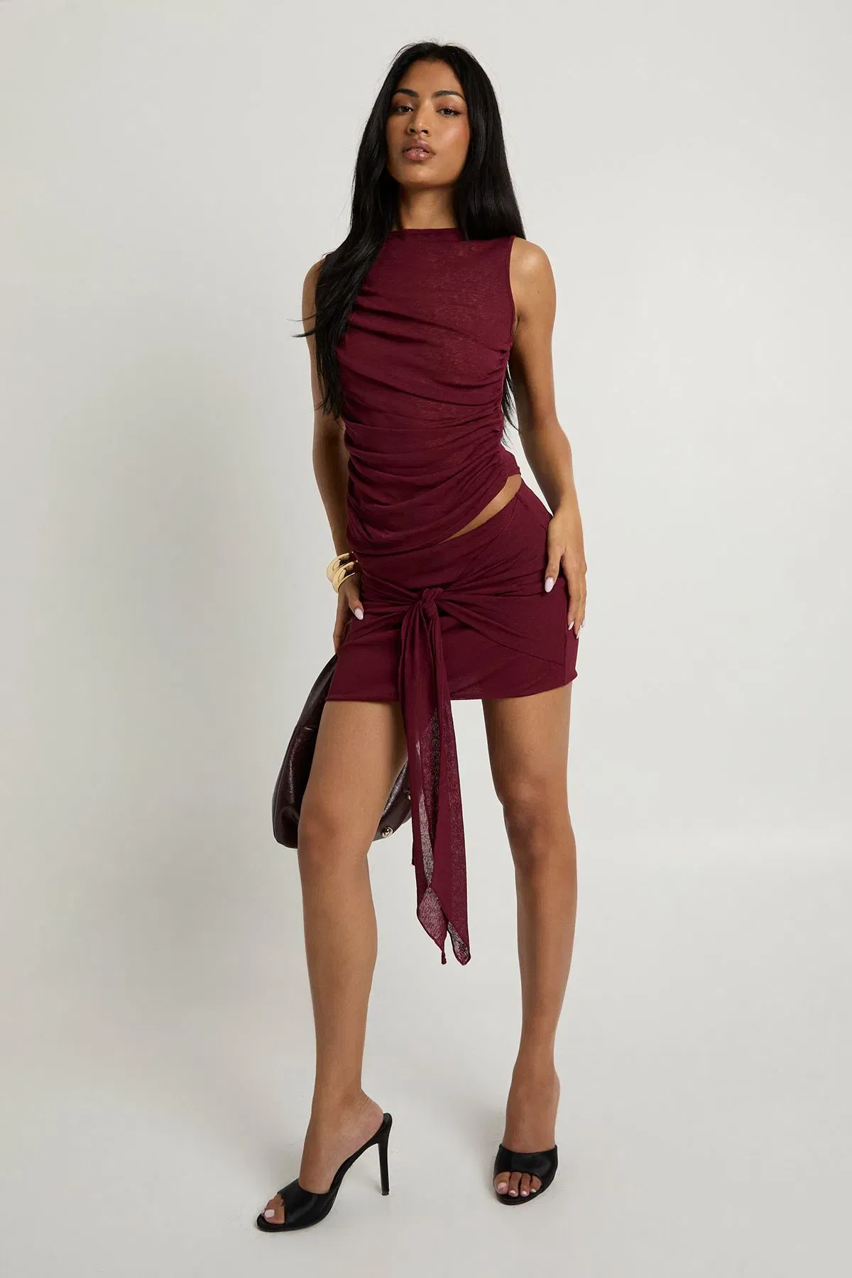 Textured Mesh Knot Front Mini Skirt