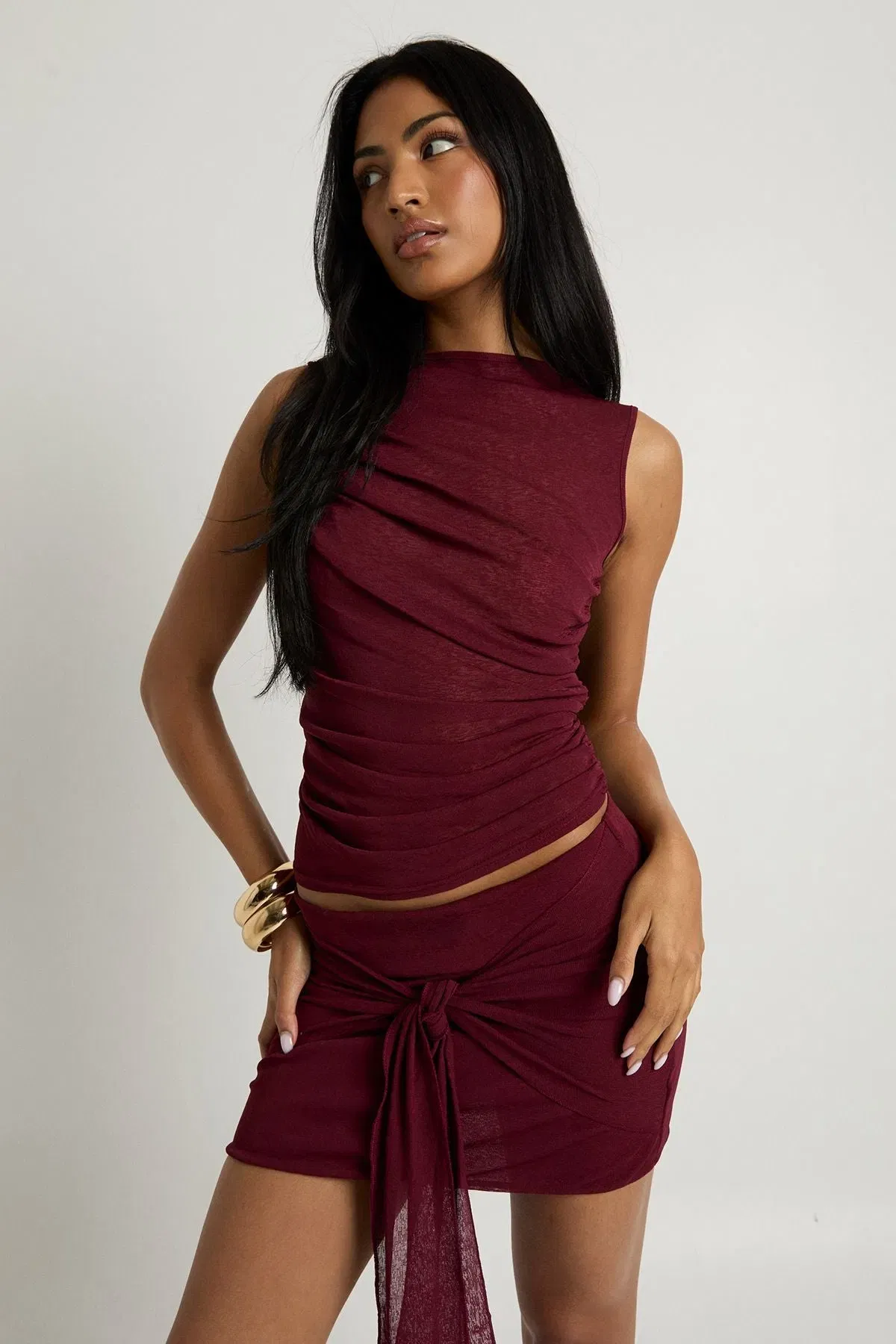 Textured Mesh Knot Front Mini Skirt