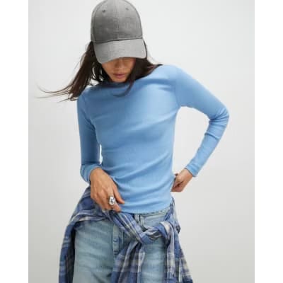 Blue Long Sleeve Ribbed Crew Neck Top