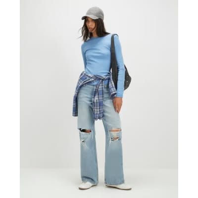 Blue Long Sleeve Ribbed Crew Neck Top