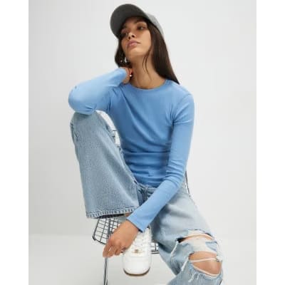 Blue Long Sleeve Ribbed Crew Neck Top