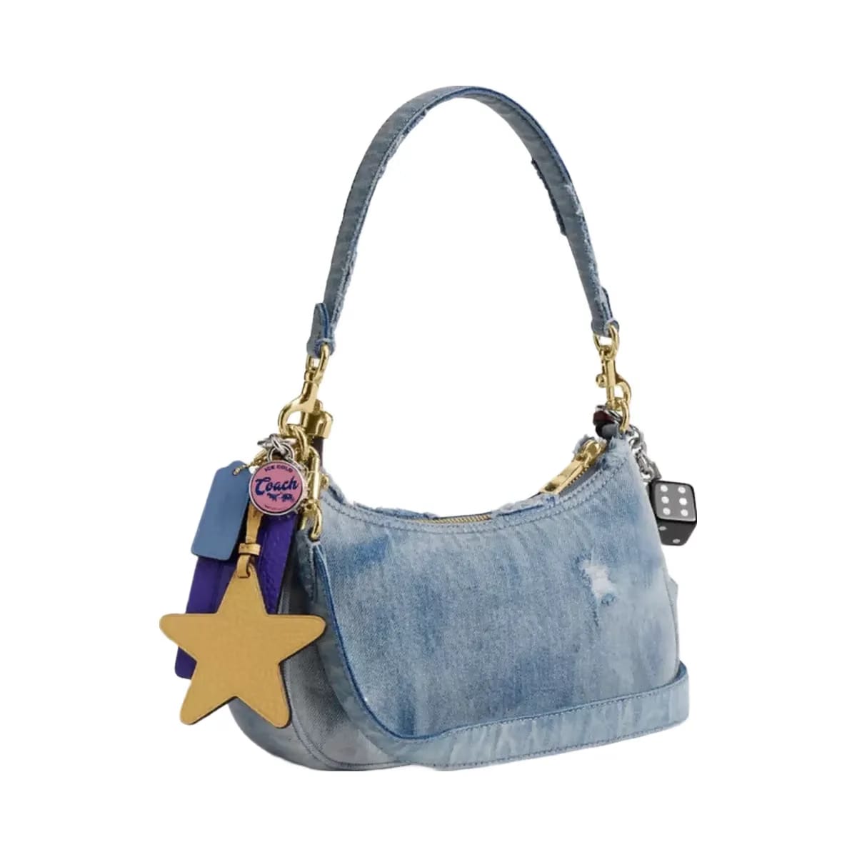 Coach Teri Shoulder Bag In Loved Denim With Charms in Gold Light Indigo