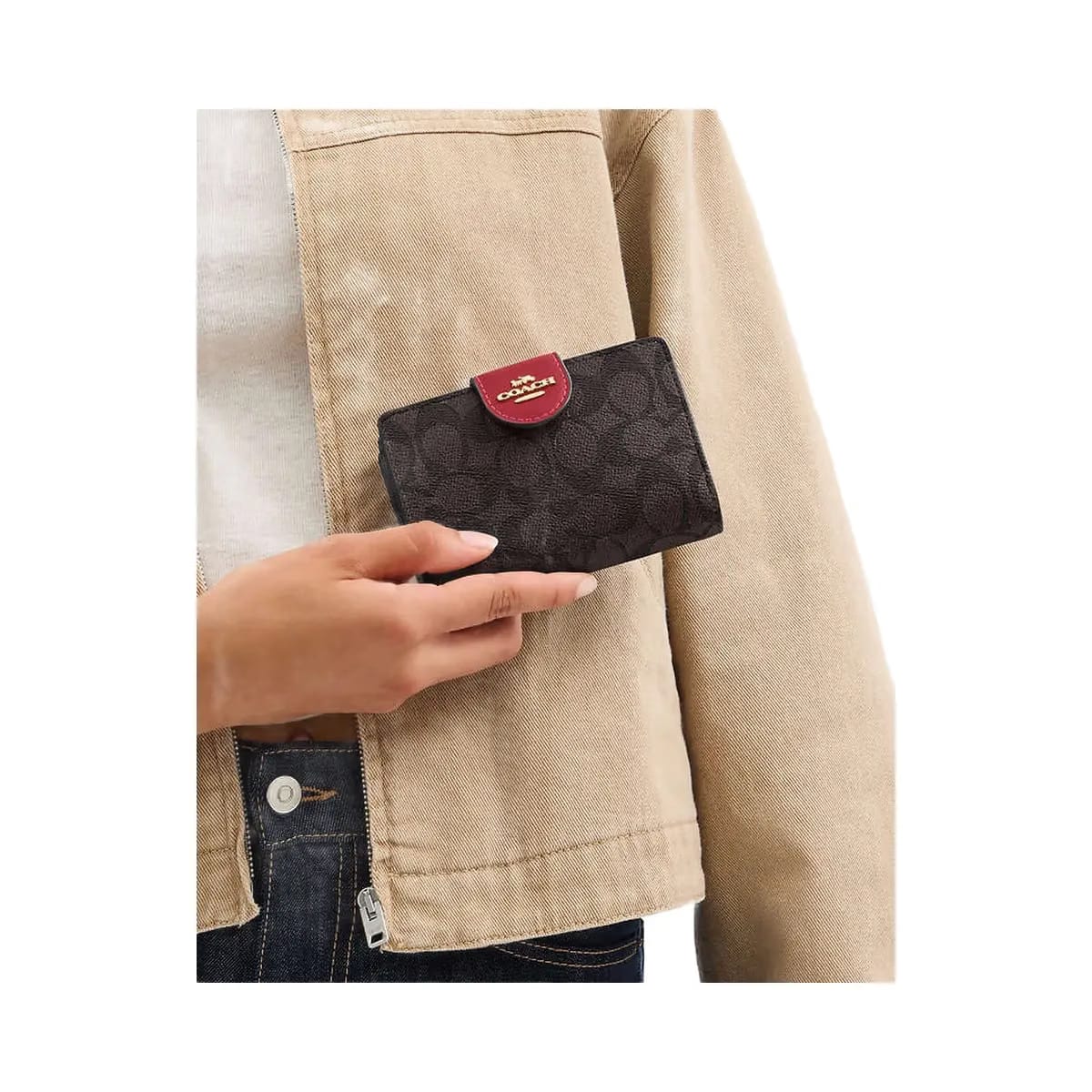 Coach Medium Corner Zip Wallet In Signature Canvas Signature Canvas-Im-Walnut-True Red