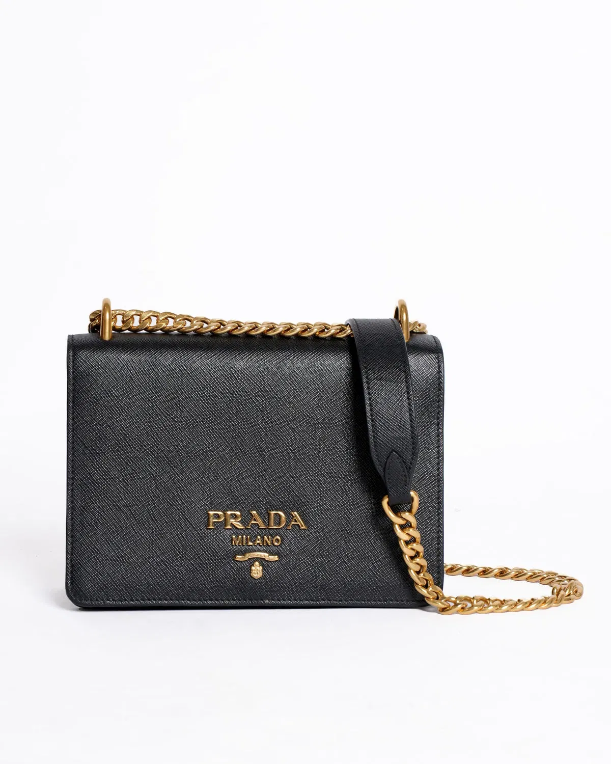 Prada Saffiano Leather Flap Chain Crossbody Bag in Black