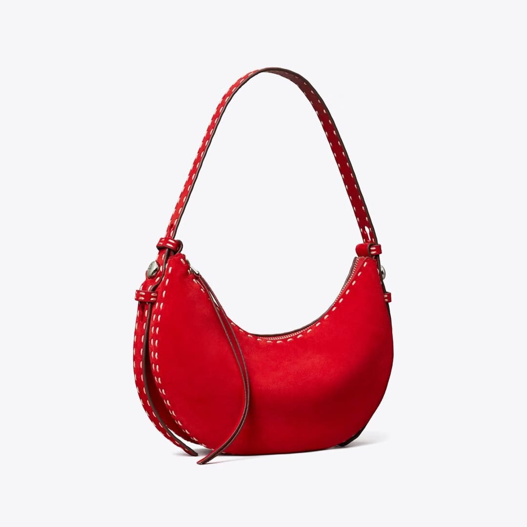 Tory Burch Romy Suede Half Moon Bag Toucan Red