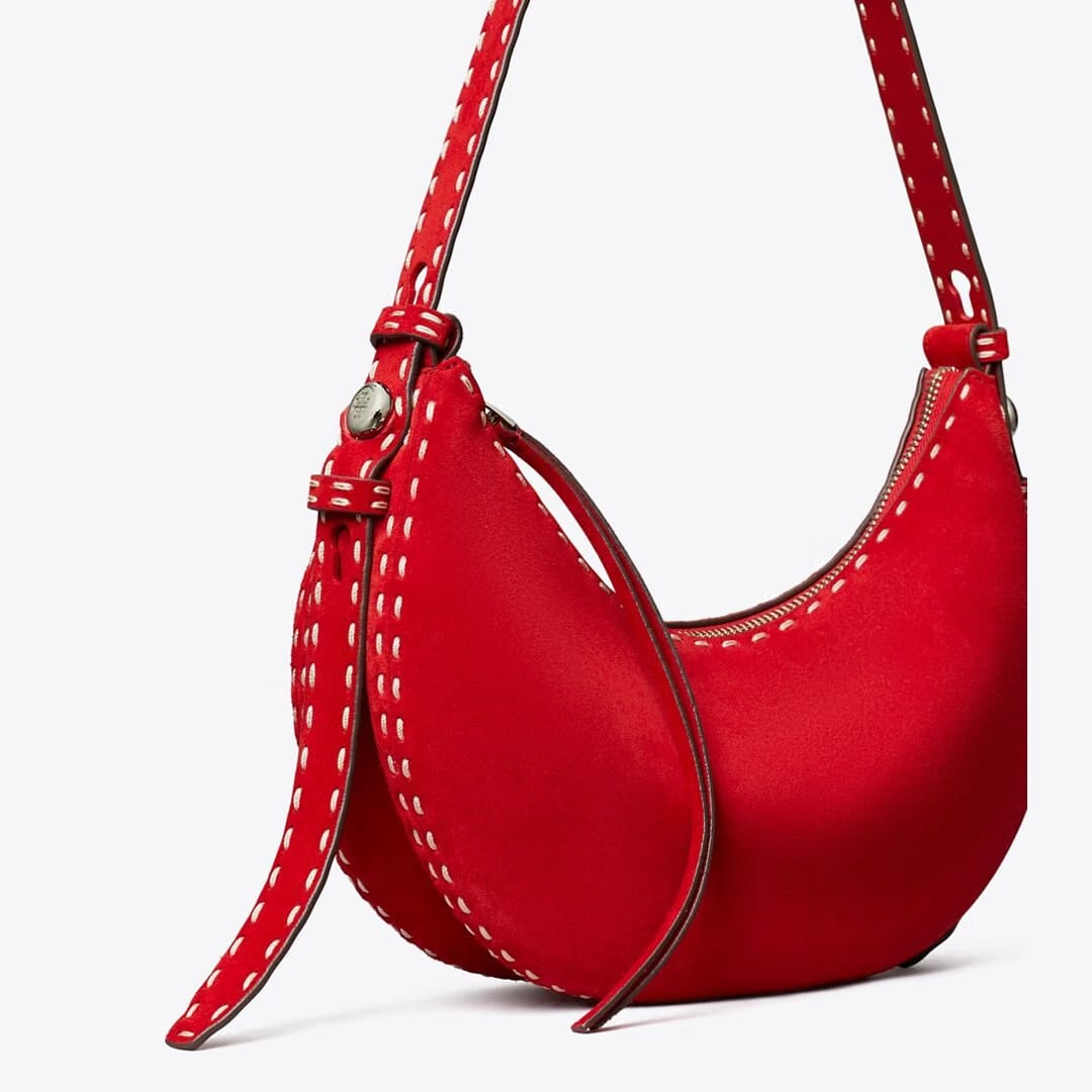 Tory Burch Romy Suede Half Moon Bag Toucan Red