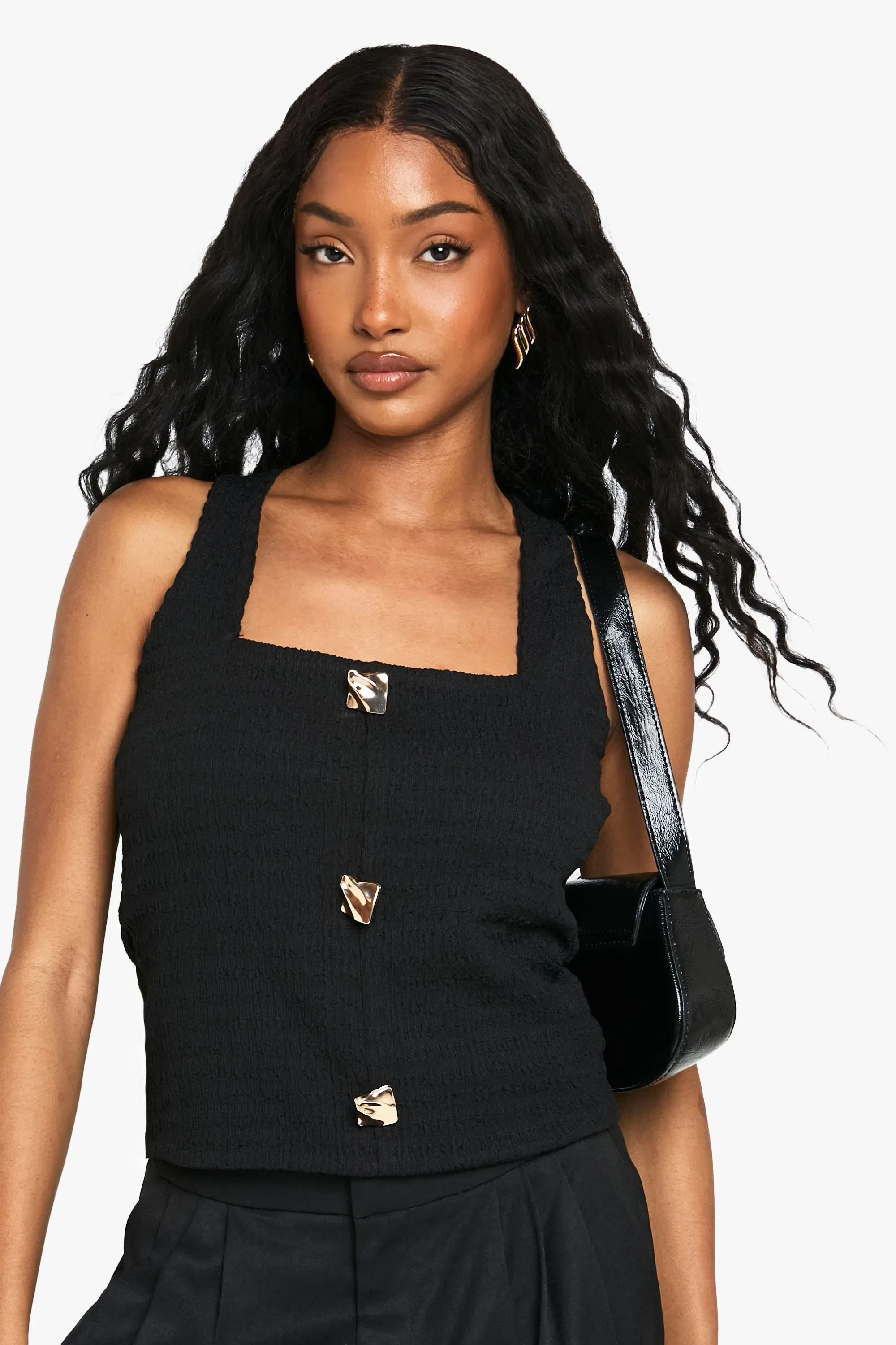 Textured Square Neck Button Detail Top