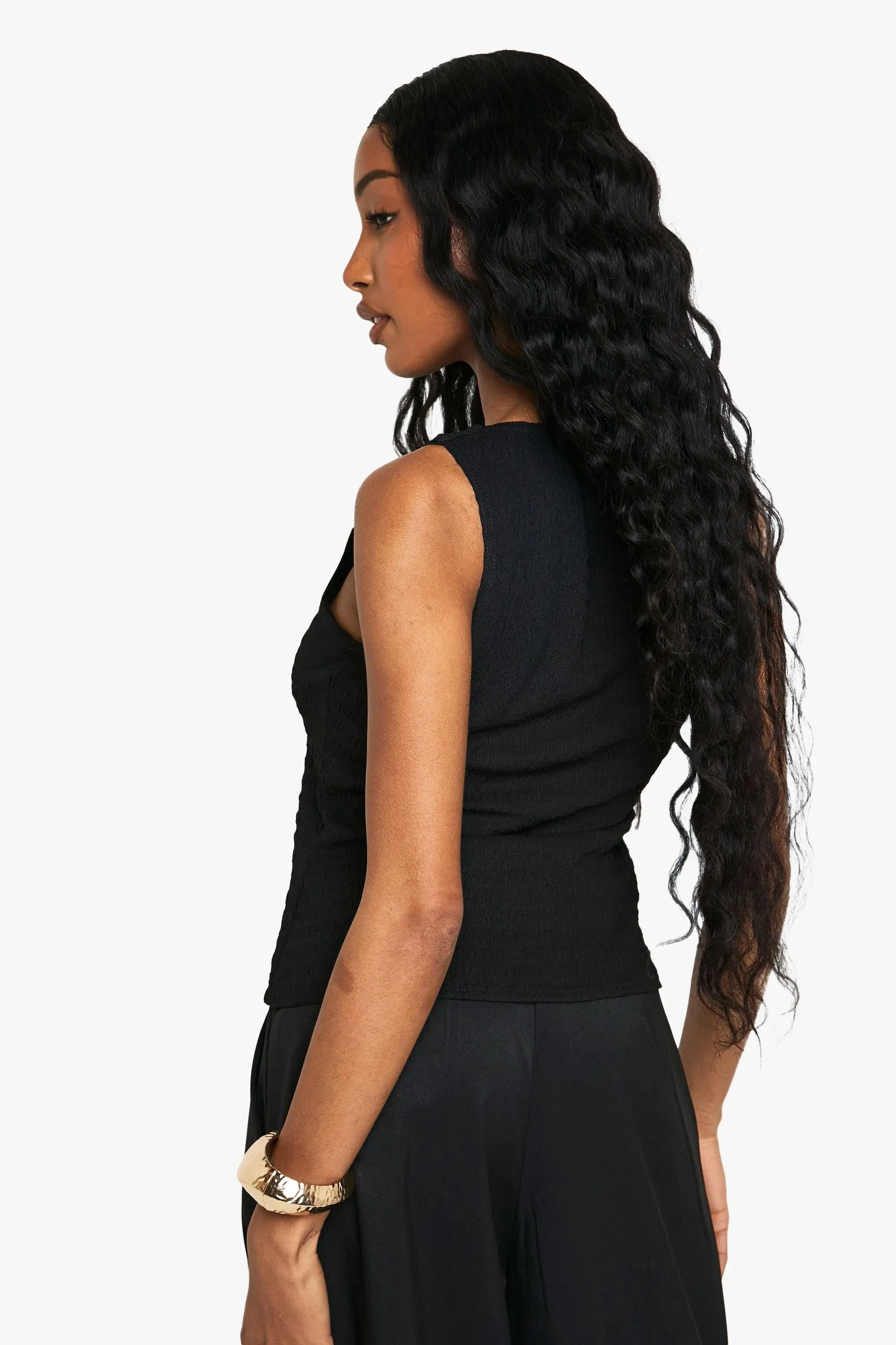 Textured Square Neck Button Detail Top