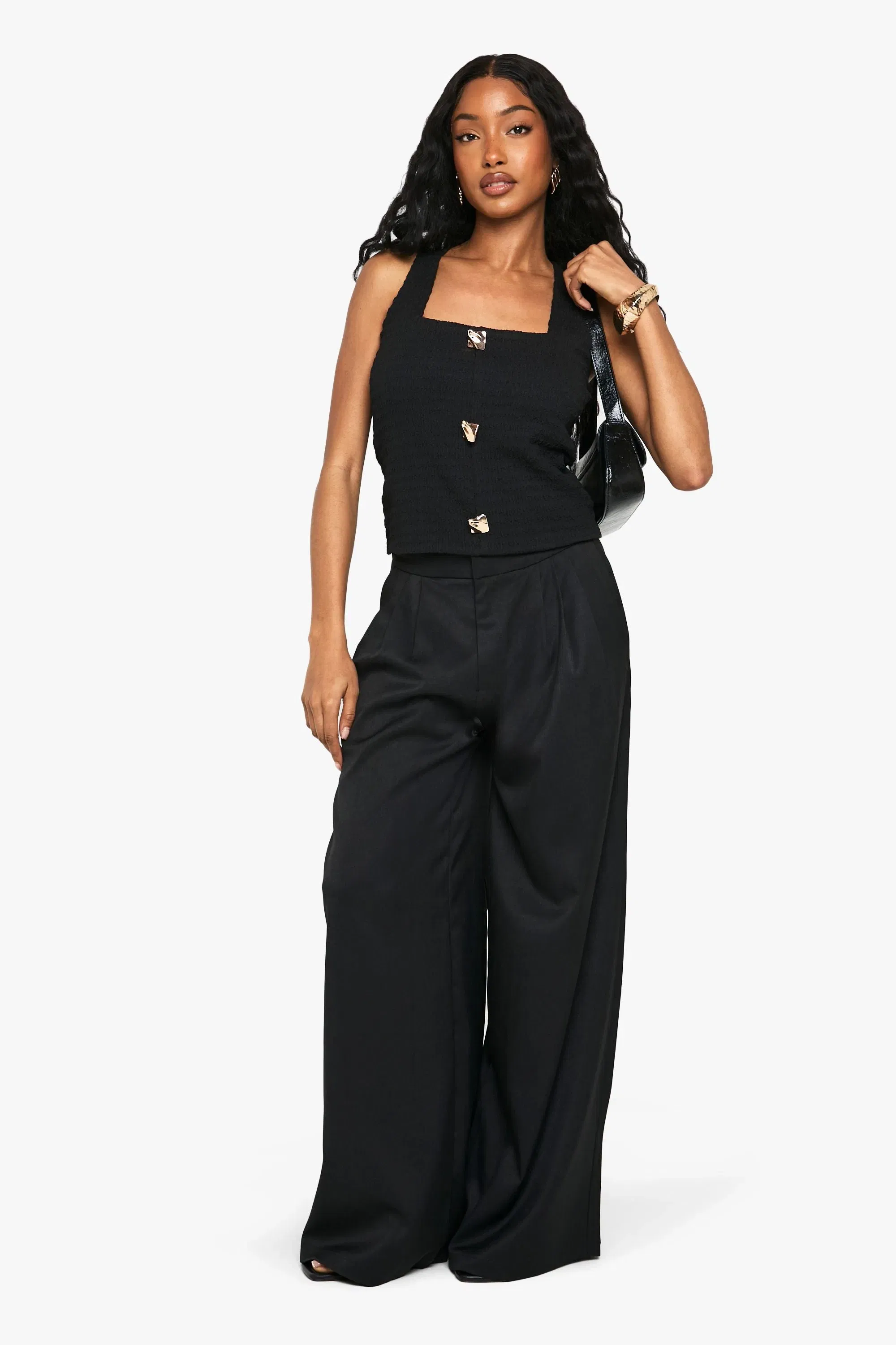 Textured Square Neck Button Detail Top