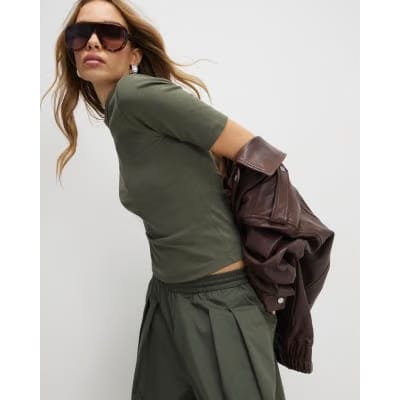 Khaki Short Sleeve Cotton Fitted Top