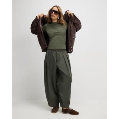 Khaki Short Sleeve Cotton Fitted Top