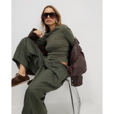 Khaki Short Sleeve Cotton Fitted Top