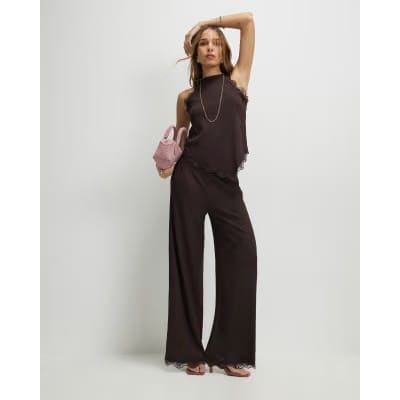 Brown Lace Trim Textured Halter Neck Top