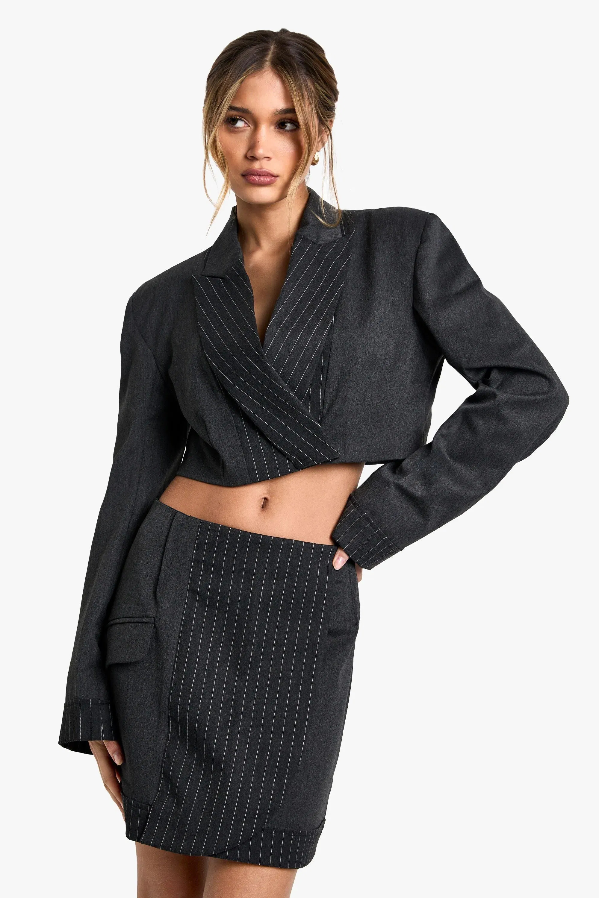 Tailored Pinstripe Pocket Detail Mini Skirt