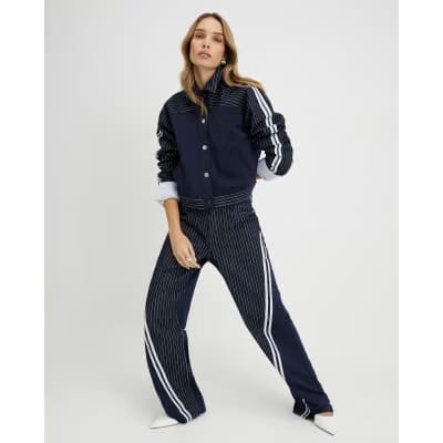Navy Relaxed Straight Leg Stripe Hybrid Jeans