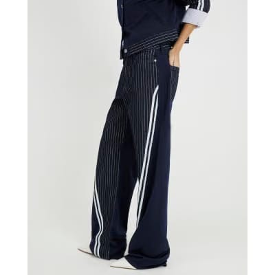 Navy Relaxed Straight Leg Stripe Hybrid Jeans