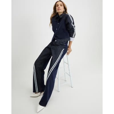 Navy Relaxed Straight Leg Stripe Hybrid Jeans