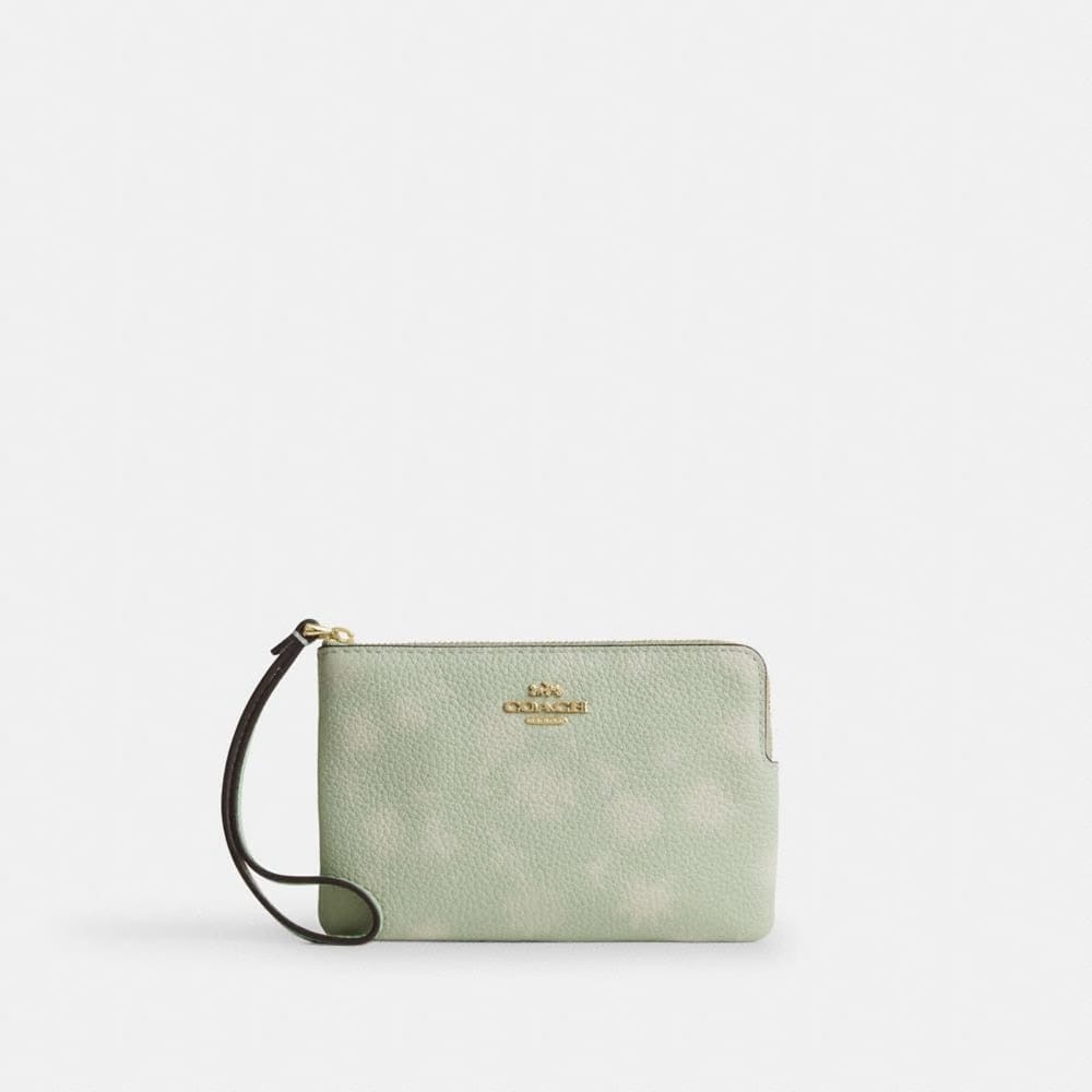 Coach Corner Zip Wristlet With Floral Print Gold Pale Green