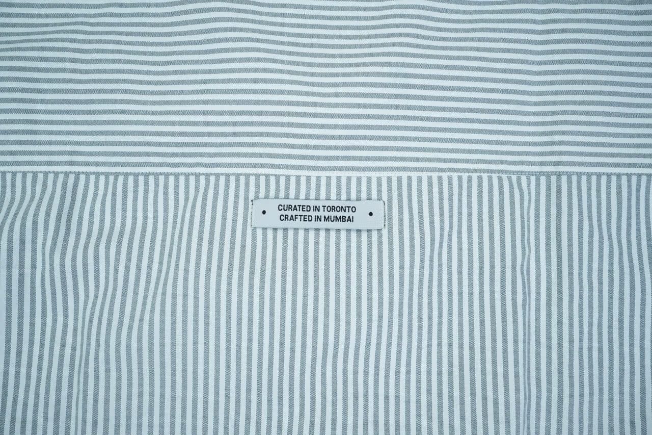 THE CRIMSON CRANE SHIRT in gray stripes