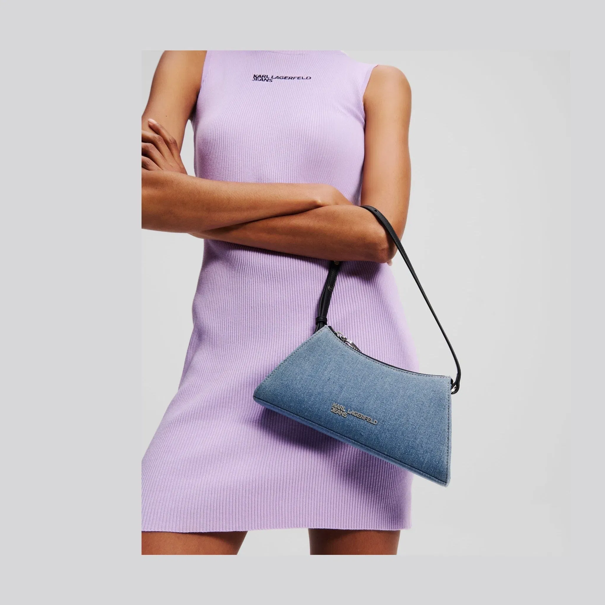 Karl Lagerfeld Metal Logo Denim Shoulder Bag Bright Blue Marble