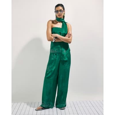 Green Embellished Wide Leg Trousers