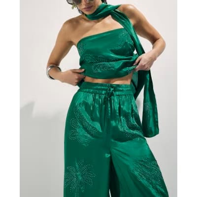 Green Embellished Wide Leg Trousers