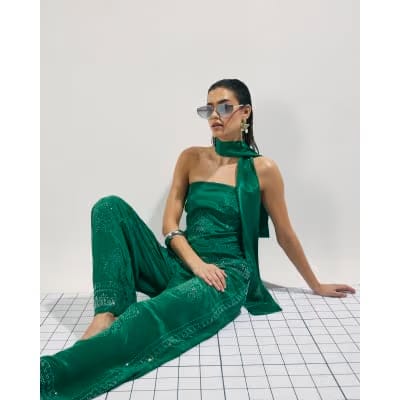 Green Embellished Wide Leg Trousers