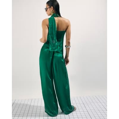 Green Embellished Wide Leg Trousers