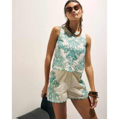 Cream Embroidered Shorts