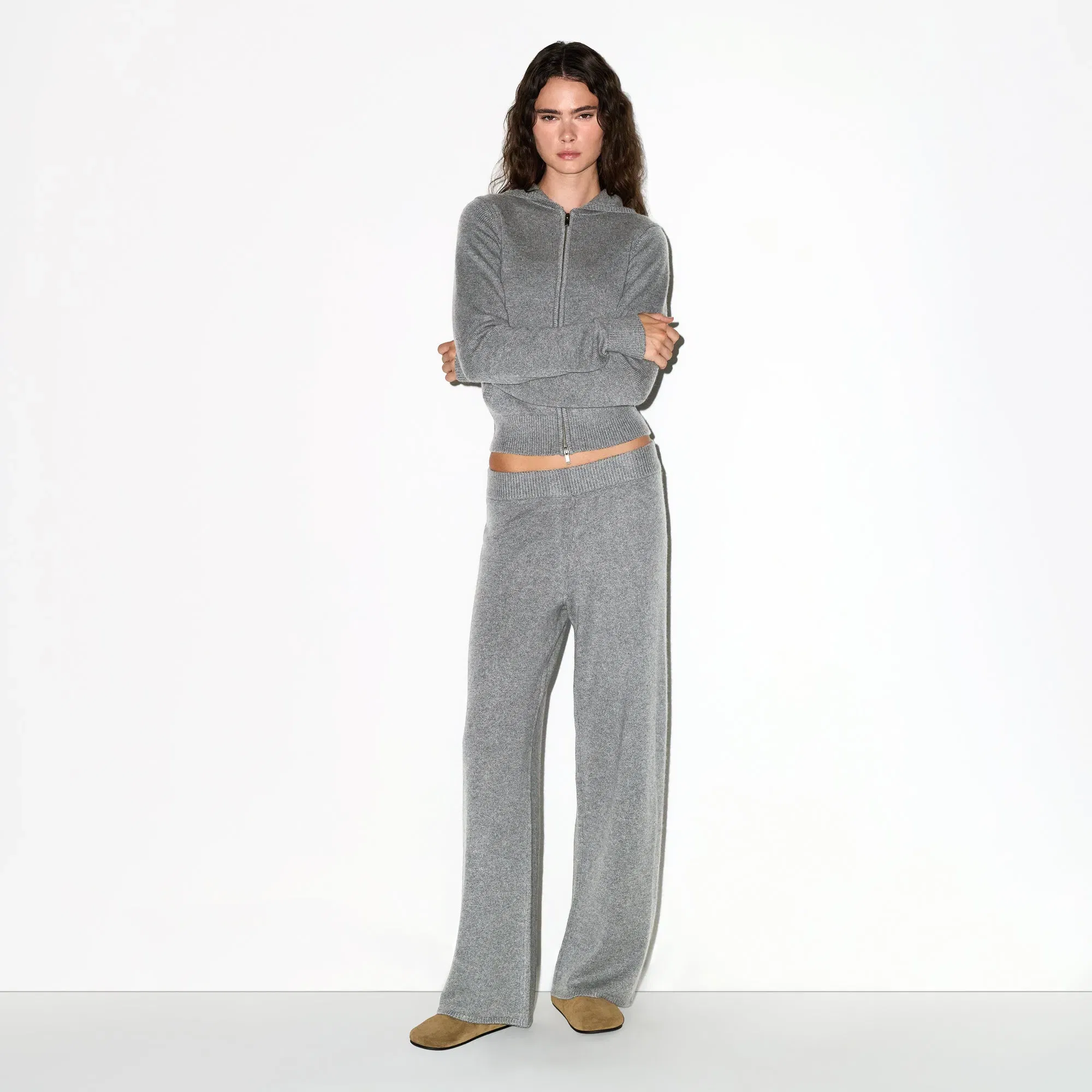 CASHMERE WIDE LEG PANT | DARK HEATHER GREY