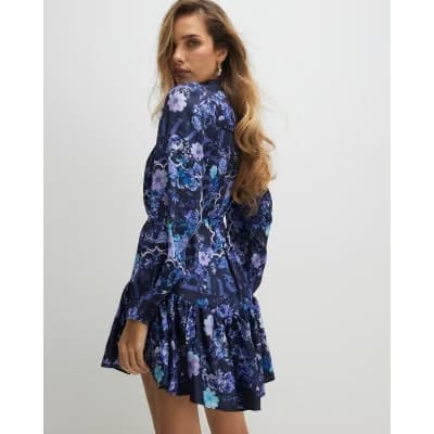 Blue Floral Mini Shirt Dress