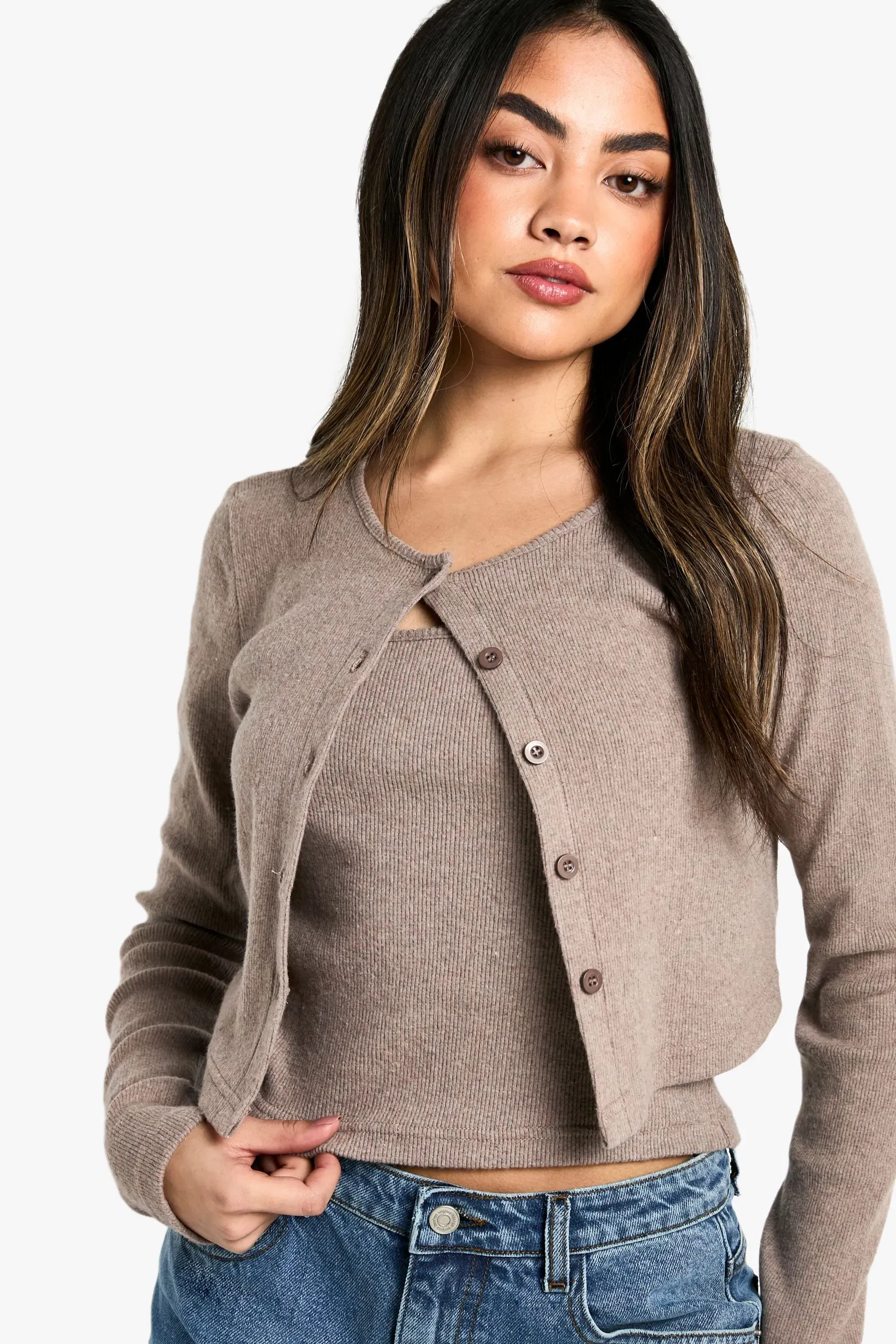 Brushed Rib Button Through Cardigan & Cami Top