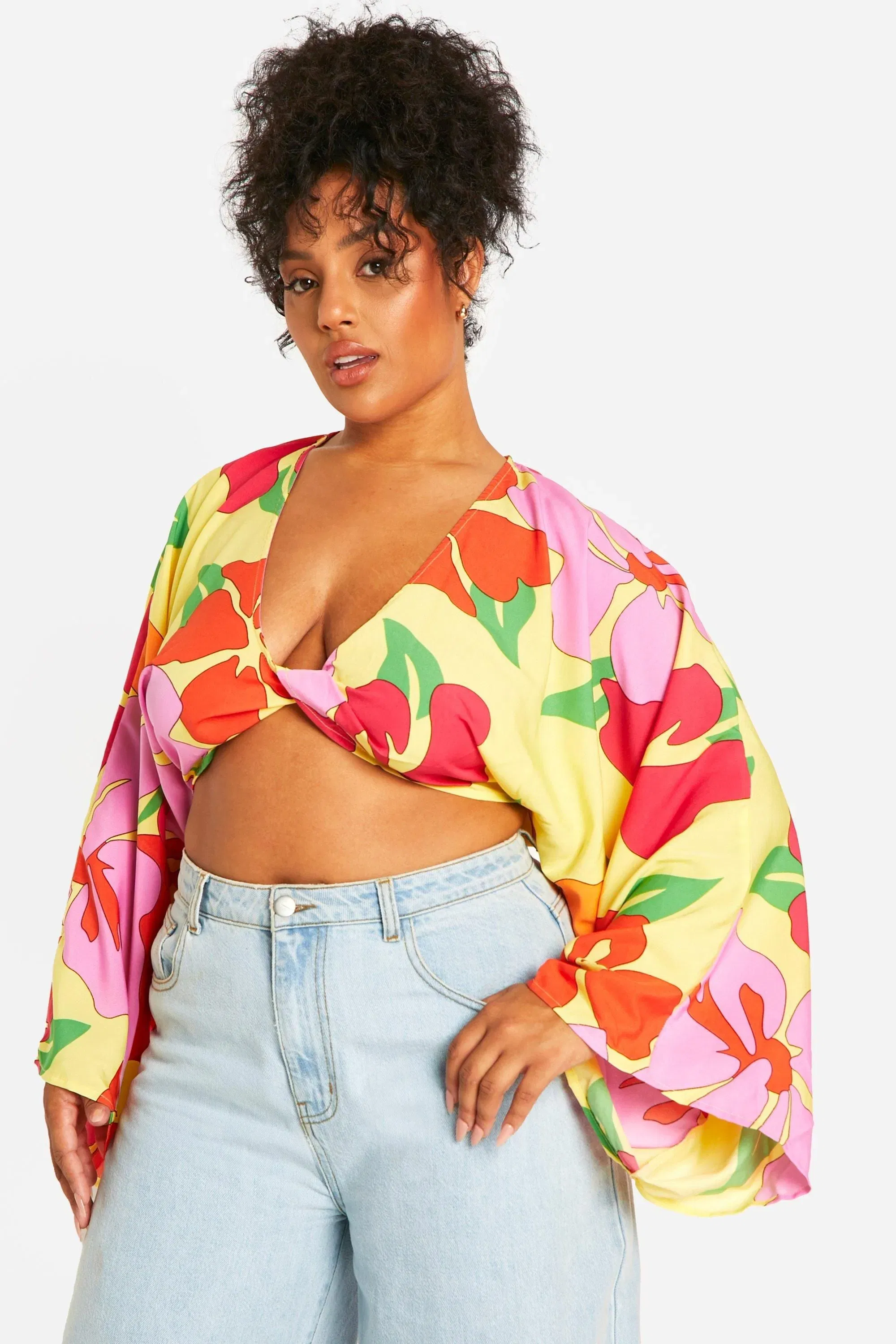 Plus Floral Twist Long Sleeve Crop Top
