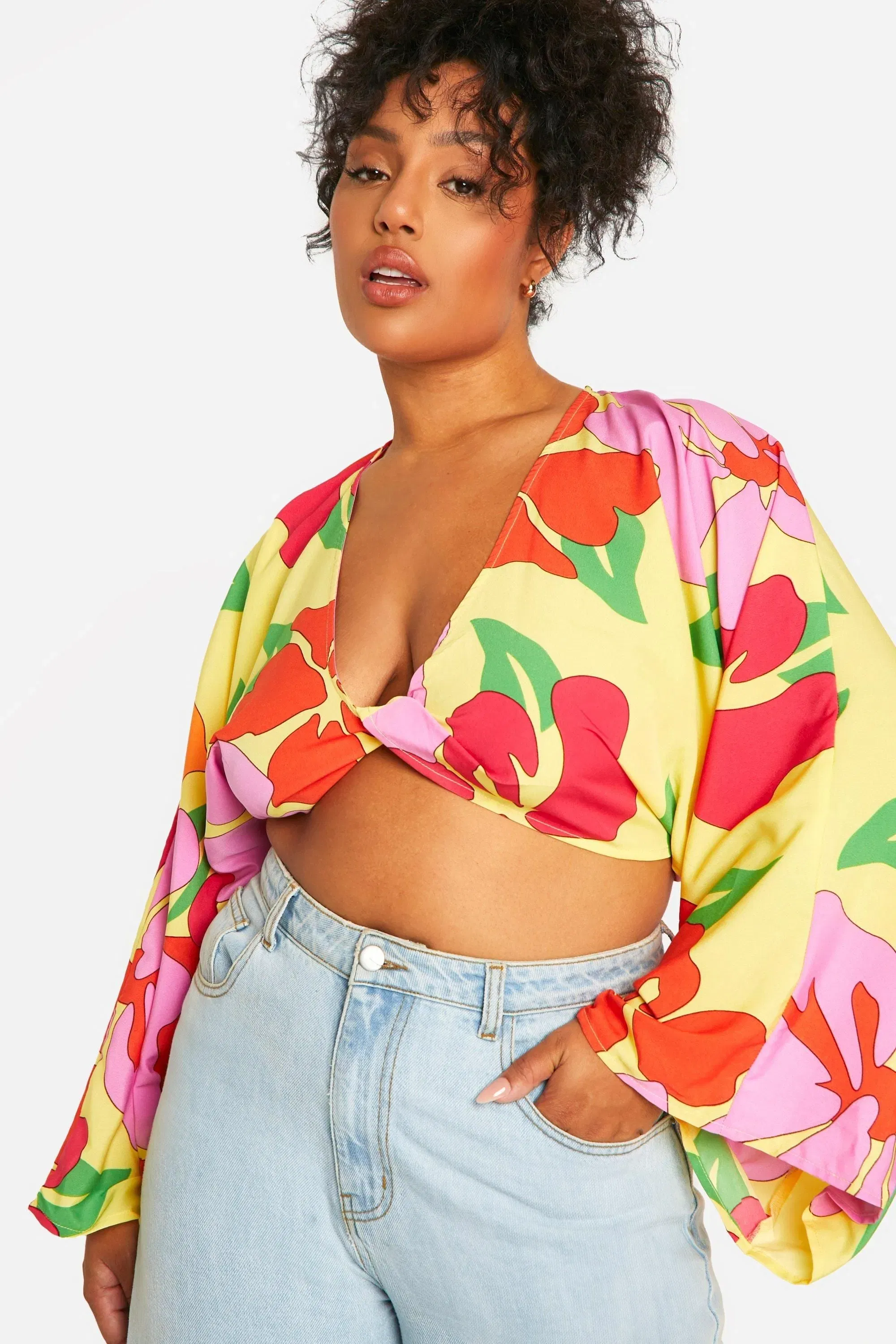 Plus Floral Twist Long Sleeve Crop Top