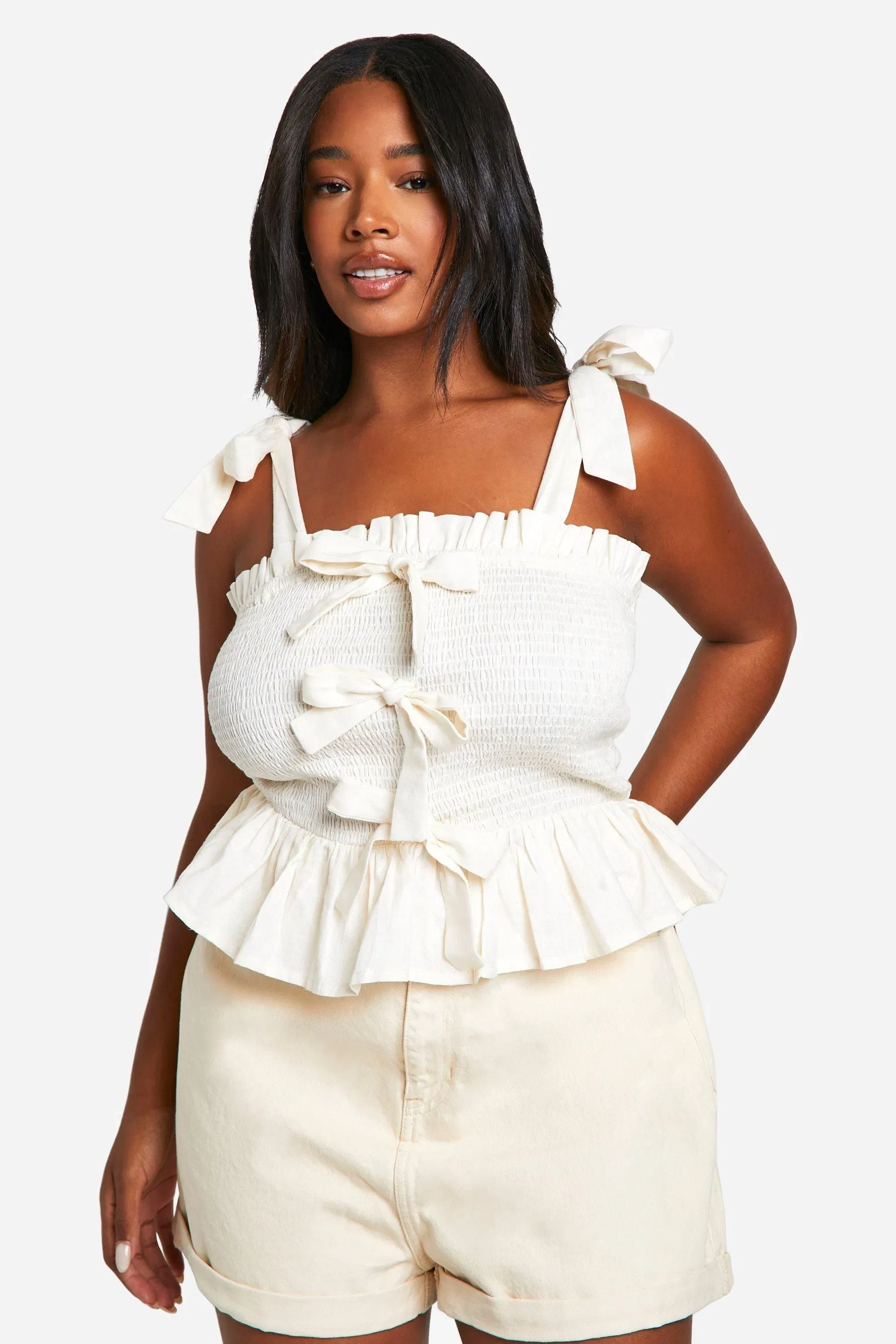 Plus Cotton Shirred Bow Crop Top