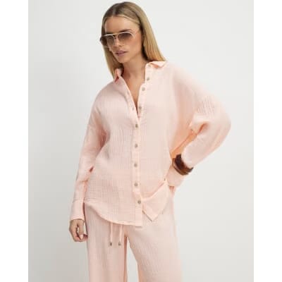 Petite Pink Crinkle Long Sleeve Beach Shirt