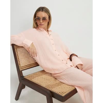 Petite Pink Crinkle Long Sleeve Beach Shirt