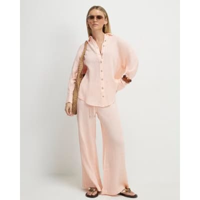Petite Pink Crinkle Long Sleeve Beach Shirt