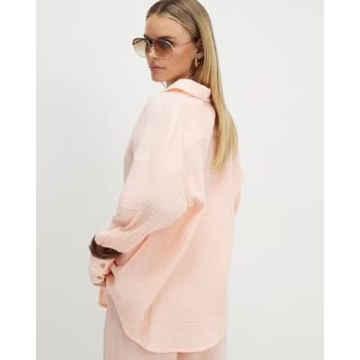 Petite Pink Crinkle Long Sleeve Beach Shirt